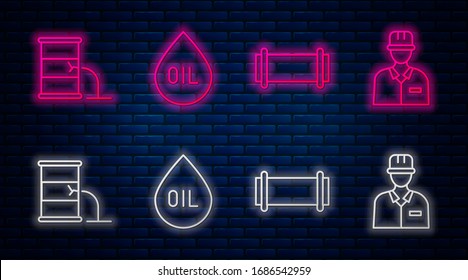 Set-line Öltropfen, Industrierohre, Barrel Öl Leck und Oilman. Leuchtendes Neonsymbol an der Ziegelwand. Vektorillustration