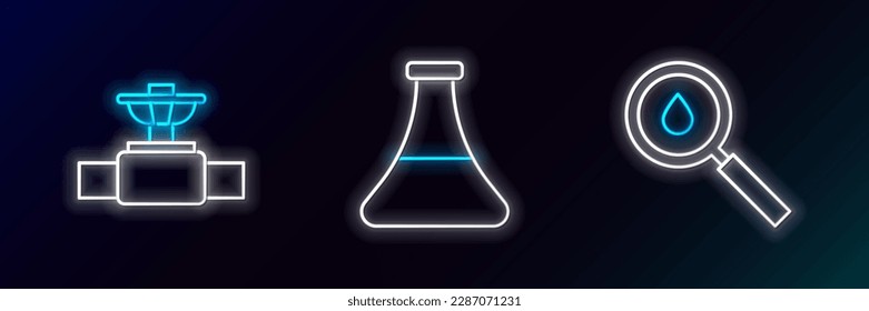 Set line Oil drop, Industry pipe and valve and petrol test tube icon. Glowing neon. Vector