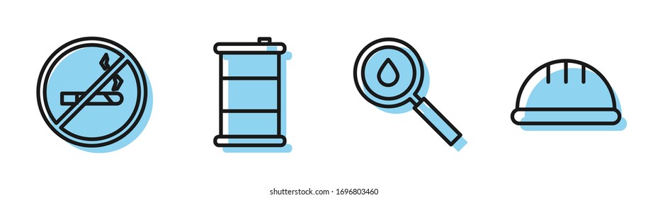 Set line Oil drop, No Smoking, Barrel oil and Worker safety helmet icon. Vector