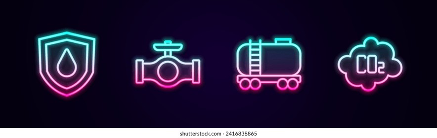 Set line Oil drop on shield, pipe with valve, railway cistern and CO2 emissions in cloud. Glowing neon icon. Vector