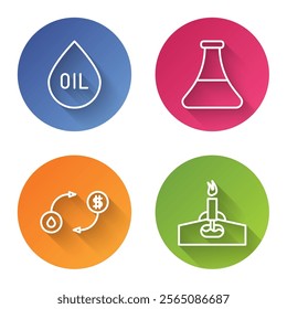 Set line Oil drop, Oil petrol test tube, Oil exchange and Oil rig with fire. Color circle button. Vector