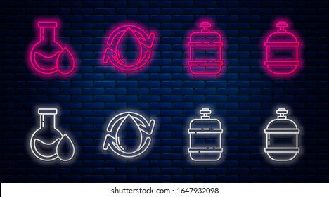 Set line Oil drop, Propane gas tank, Oil petrol test tube and Propane gas tank. Glowing neon icon on brick wall. Vector