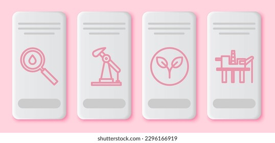 Set line Oil drop, Oil pump or pump jack, Bio fuel and Oil platform in the sea. White rectangle button. Vector