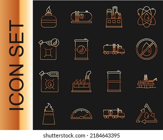 Set line Oil drop with recycle, platform in the sea, No oil, industrial factory building, Bio fuel barrel, canister, Alcohol spirit burner and Tanker truck icon. Vector
