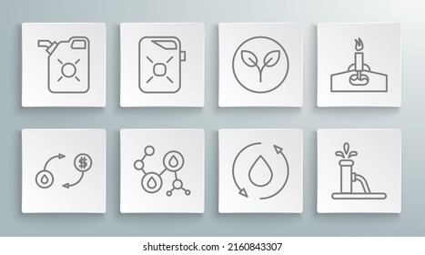 Set line Oil exchange, Canister for motor oil, Molecule, drop, pump pump jack, Bio fuel, rig with fire and  icon. Vector