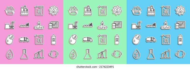 Set line Oil exchange, Canister for motor machine oil, price increase, tanker ship, industrial factory building, Oilfield and Alcohol spirit burner icon. Vector