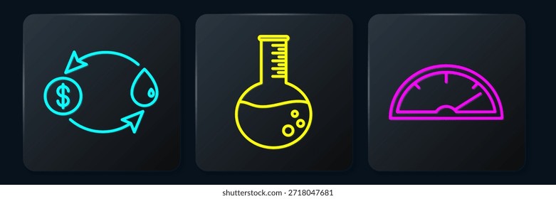 Set line Oil exchange, Speedometer and Oil petrol test tube. Black square button. Vector