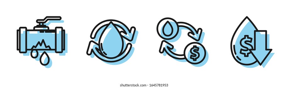 Set line Oil exchange, water transfer, convert, Broken metal pipe with leaking water, Oil drop and Drop in crude oil price icon. Vector