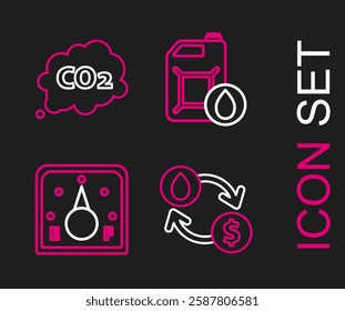 Set line Oil exchange, water transfer, convert, Motor gas gauge, Canister for motor machine oil and CO2 emissions cloud icon. Vector