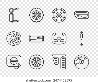 Set line Oil filler cap at gas station, Speedometer, Car wheel, Truck side mirror, door handle, brake pedals and Shock absorber icon. Vector