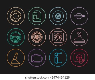 Set line Oil filler cap at gas station, Gear shifter, Car brake disk, wheel, Steering, tire,  and  icon. Vector