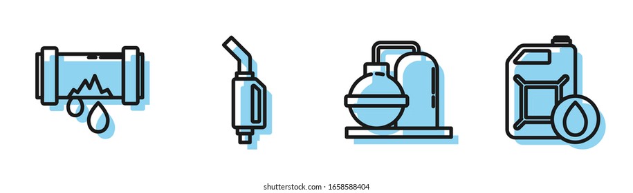Set line Oil and gas industrial factory building, Broken metal pipe with leaking water, Gasoline pump nozzle and Canister for motor machine oil icon. Vector