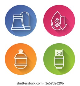 Set line Oil and gas industrial factory building, Drop in crude oil price, Propane gas tank and Propane gas tank. Color circle button. Vector