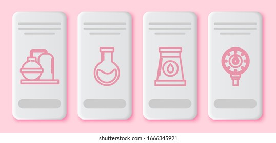 Set line Oil and gas industrial factory building, Test tube and flask, Oil and gas industrial factory building and Motor gas gauge. White rectangle button. Vector