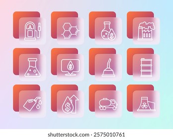 Set line Oil and gas industrial factory, price increase, Canister for motor machine oil, Tanker truck, drop with dollar symbol, petrol test tube, Petrol station and Molecule icon. Vector