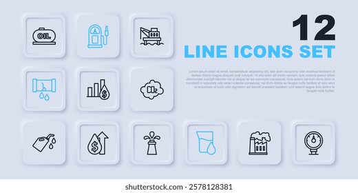 Set line Oil and gas industrial factory, Motor gauge, Pie chart dollar, petrol test tube, Broken oil pipe with valve, price increase, Petrol station and rig icon. Vector
