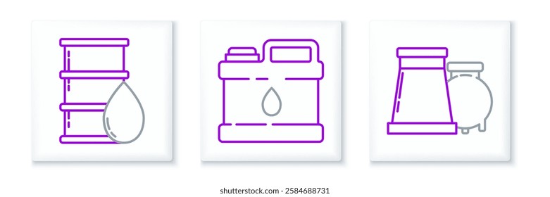 Set line Oil and gas industrial factory building, Barrel oil and Canister for motor machine icon. Vector