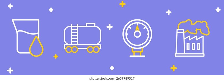 Set line Oil and gas industrial factory, Motor gauge, railway cistern and petrol test tube icon. Vector
