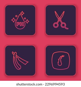 Set line Oil for hair care treatment, Straight razor, Scissors hairdresser and Human follicle. Blue square button. Vector
