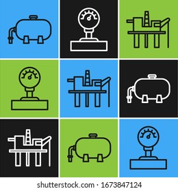 Set line Oil industrial factory building, Oil platform in the sea and Gauge scale icon. Vector