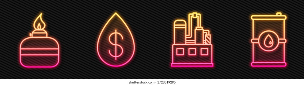 Set line Oil industrial factory building, Alcohol or spirit burner, Oil drop with dollar and Barrel oil. Glowing neon icon. Vector