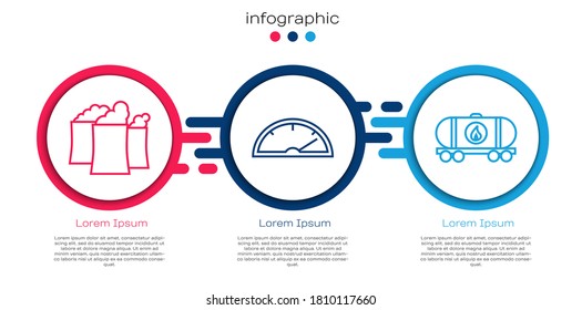 Set line Oil industrial factory building, Speedometer and Oil railway cistern. Business infographic template. Vector