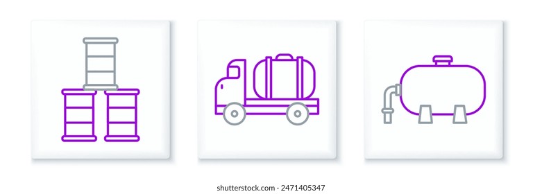 Set line Oil industrial factory building, Barrel oil and Tanker truck icon. Vector