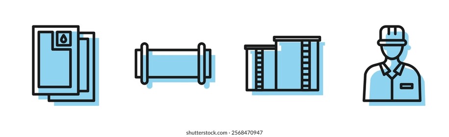 Set line Oil industrial factory building, Barrel oil, Industry pipe and Oilman icon. Vector