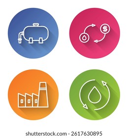 Set line Oil industrial factory building, Oil exchange, Oil industrial factory building and Oil drop. Color circle button. Vector