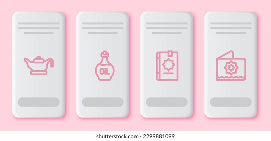 Set line Oil lamp, Essential oil bottle, Holy book of Koran and Octagonal star. White rectangle button. Vector