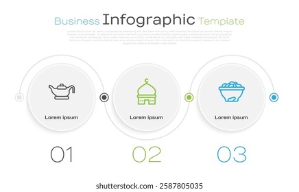 Set line Oil lamp, Muslim Mosque and Date fruit in bowl. Business infographic template. Vector