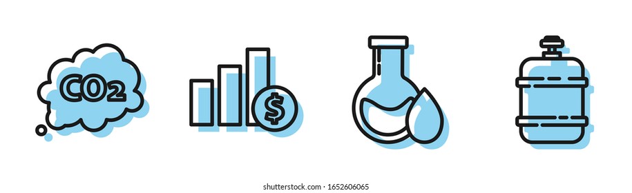 Fije la línea Tubo de prueba de gasolina de aceite, emisiones de CO2 en la nube, gráfico circular infográfico y el dólar y el icono del tanque de gas Propano. Vector