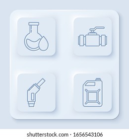 Set line Oil petrol test tube, Industry metallic pipes and valve, Gasoline pump nozzle and Canister for gasoline. White square button. Vector