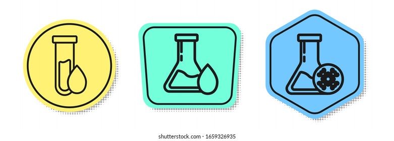 Tubo de ensayo de aceite, tubo de ensayo de gasolina de aceite y tubo de ensayo anticongelante. Formas coloreadas. Vector