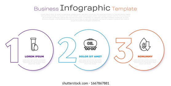 Set line Oil petrol test tube, Oil railway cistern and Drop in crude oil price. Business infographic template. Vector