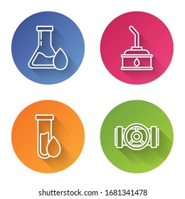 Set line Oil petrol test tube, Canister for motor machine oil, Oil petrol test tube and Industry metallic pipes and valve. Color circle button. Vector