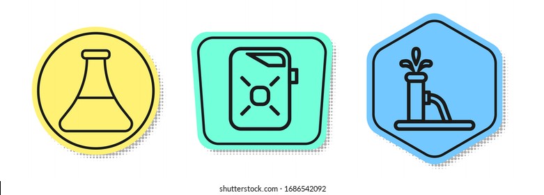 Set line Oil petrol test tube, Canister for motor oil and Oil pump or pump jack. Colored shapes. Vector