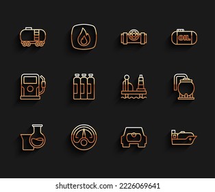 Fijar línea Tubo de ensayo de gasolina de aceite, Gálibo de gas de motor, cisterna ferroviaria, tanque de gas para vehículo, buque cisterna, cilindro industrial, almacenamiento y plataforma el icono del mar. Vector