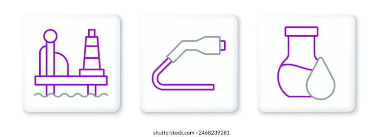 Set line Oil petrol test tube, platform in the sea and Electrical cable plug charging icon. Vector