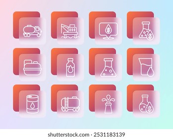 Tubo de prueba de gasolina de aceite, cisterna de ferrocarril, plataforma, caída con símbolo de dólar, camión cisterna y plataforma en el icono del mar. Vector