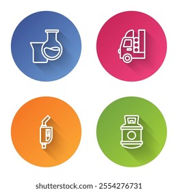 Set line Oil petrol test tube, Gas tank for vehicle, Gasoline pump nozzle and Propane gas. Color circle button. Vector