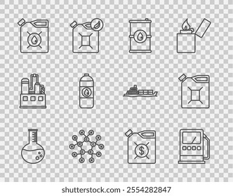 Set line Oil petrol test tube, Petrol or gas station, Barrel oil, Molecule, Canister for motor machine,  and gasoline icon. Vector