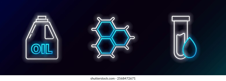 Set line Oil petrol test tube, Canister for motor machine oil and Chemical formula consisting of benzene rings icon. Glowing neon. Vector