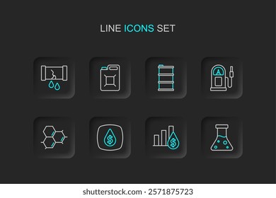 Set line Oil petrol test tube, Pie chart and dollar, drop with symbol, Molecule oil, Petrol or gas station, Barrel, Canister for gasoline and Broken pipe valve icon. Vector