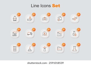 Set line Oil petrol test tube, Canister for gasoline, rig, motor machine oil, Barrel, and industrial factory and drop with dollar symbol icon. Vector