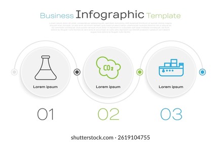 Set line Oil petrol test tube, CO2 emissions in cloud and Oil tanker ship. Business infographic template. Vector