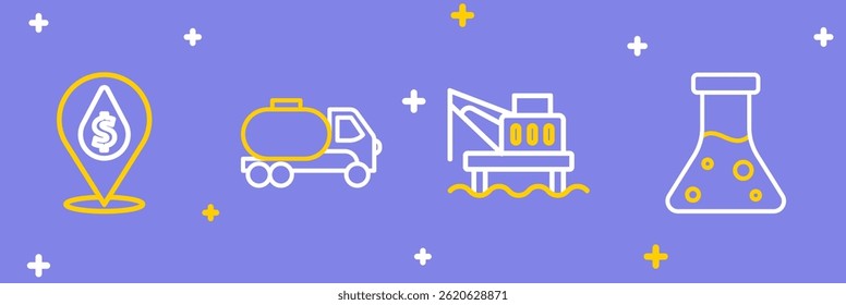 Set line Tubo de prueba de petróleo, plataforma en el mar, camión cisterna y gota con icono de símbolo de dólar. Vector