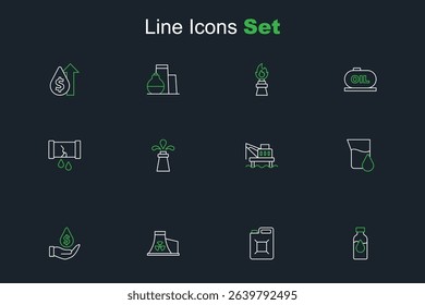 Set line Oil petrol test tube, Canister for gasoline, Nuclear power plant, drop with dollar symbol, platform the sea, rig and Broken oil pipe valve icon. Vector
