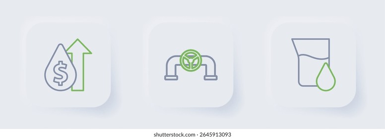 Set line Tubo de teste de gasolina de óleo, tubulação com válvula e ícone de aumento de preço. Vetor
