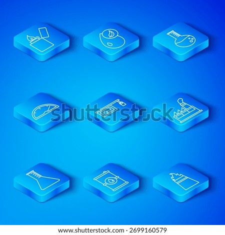 Set line Oil petrol test tube, Gas filling station, Barrel oil, industrial factory building, Speedometer, Lighter and rig with fire icon. Vector